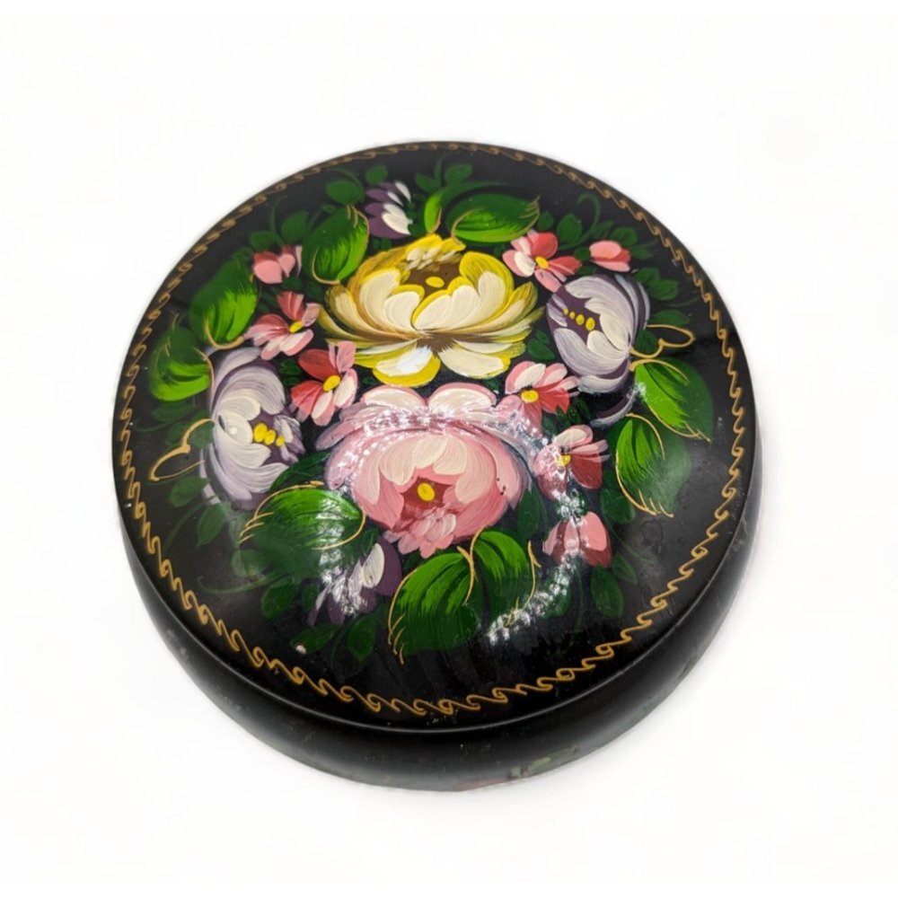 Vintage Russian metal round 5" black floral Trinket Box Hand Painted Intricate